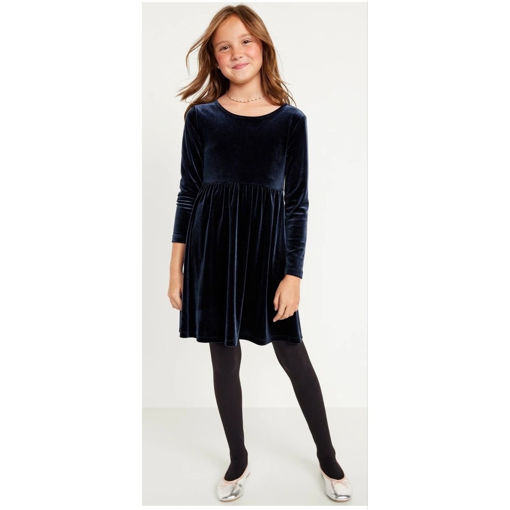 Old Navy Velvet Dress Kids XS 5 Navy Blue Excellent Long Sleeve Holiday Party